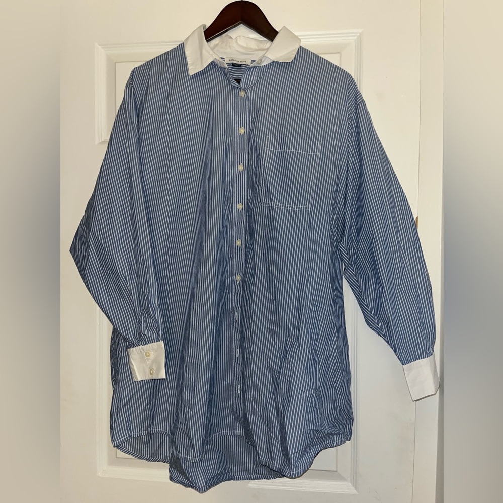 American Eagle Oversized Blue and White Striped Button-Up T-Shirt Dress